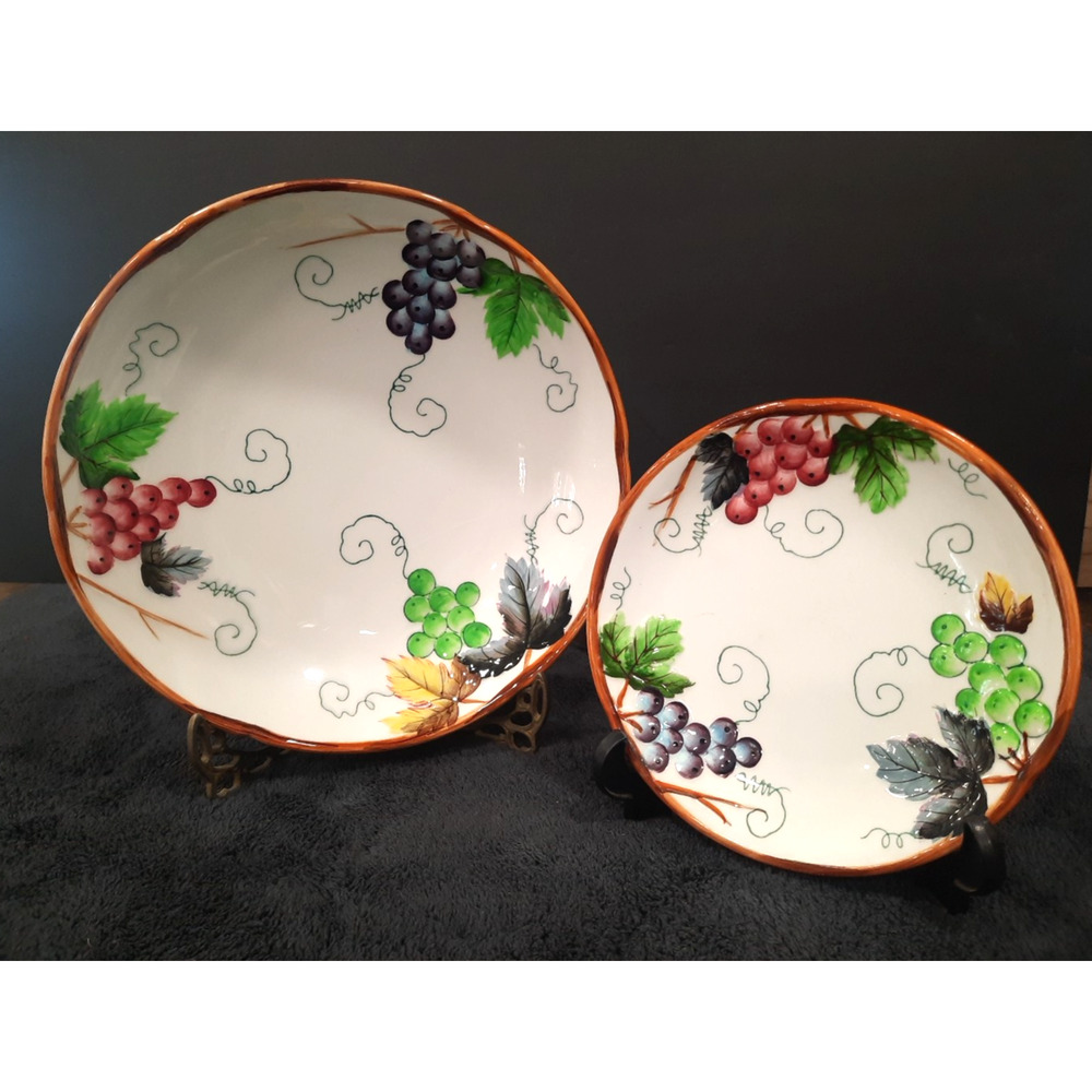 Lefton LEF17 Red Purple Green Grape Clusters 9" Serving Bowl & Small Plate